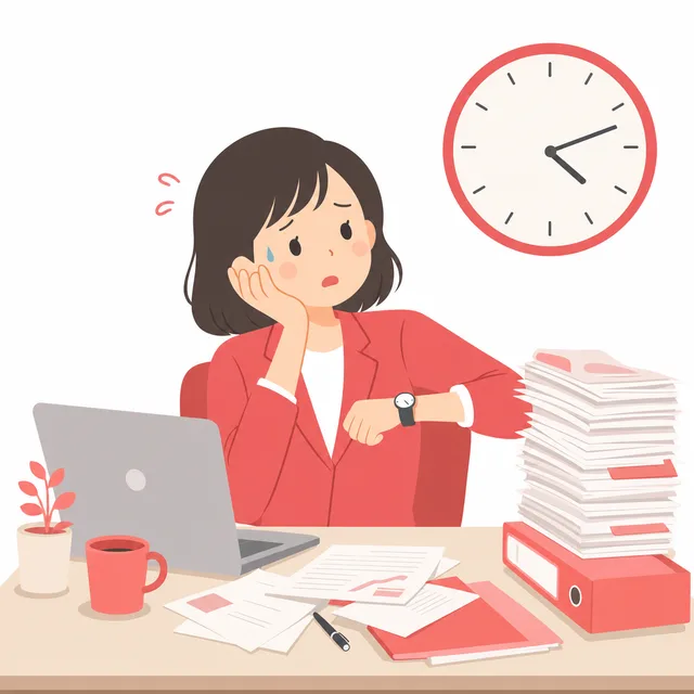 時計を気にしながら忙しそうにしている人のイラスト