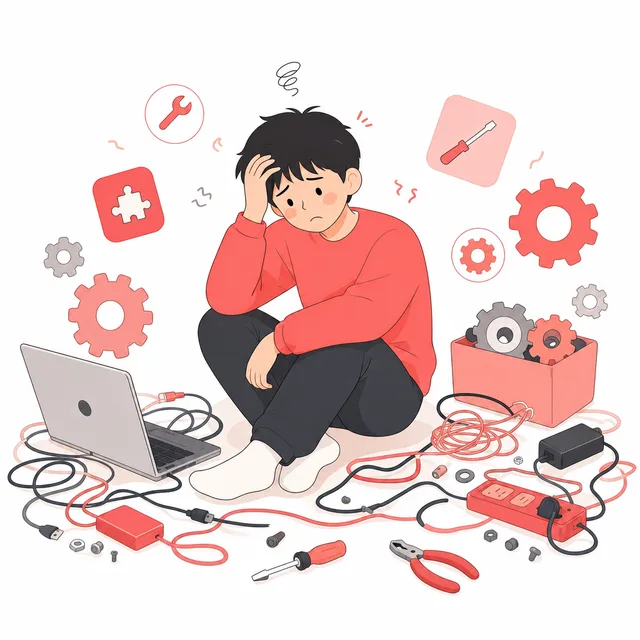 ケーブルや工具に囲まれて疲れている人のイラスト