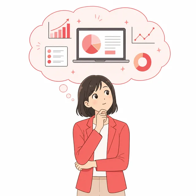 吹き出しの中でグラフを思い浮かべ考えている人のイラスト
