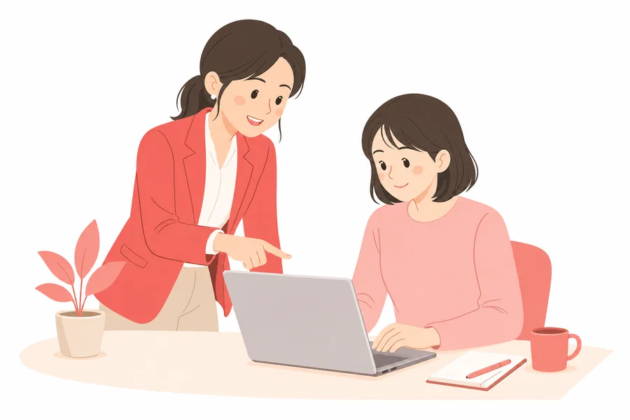 講師が受講生の隣についてパソコン画面を指しながら教えているイラスト