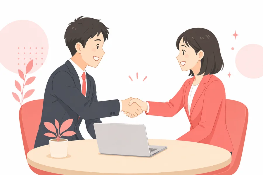 受講後のサポートを象徴する握手のイラスト